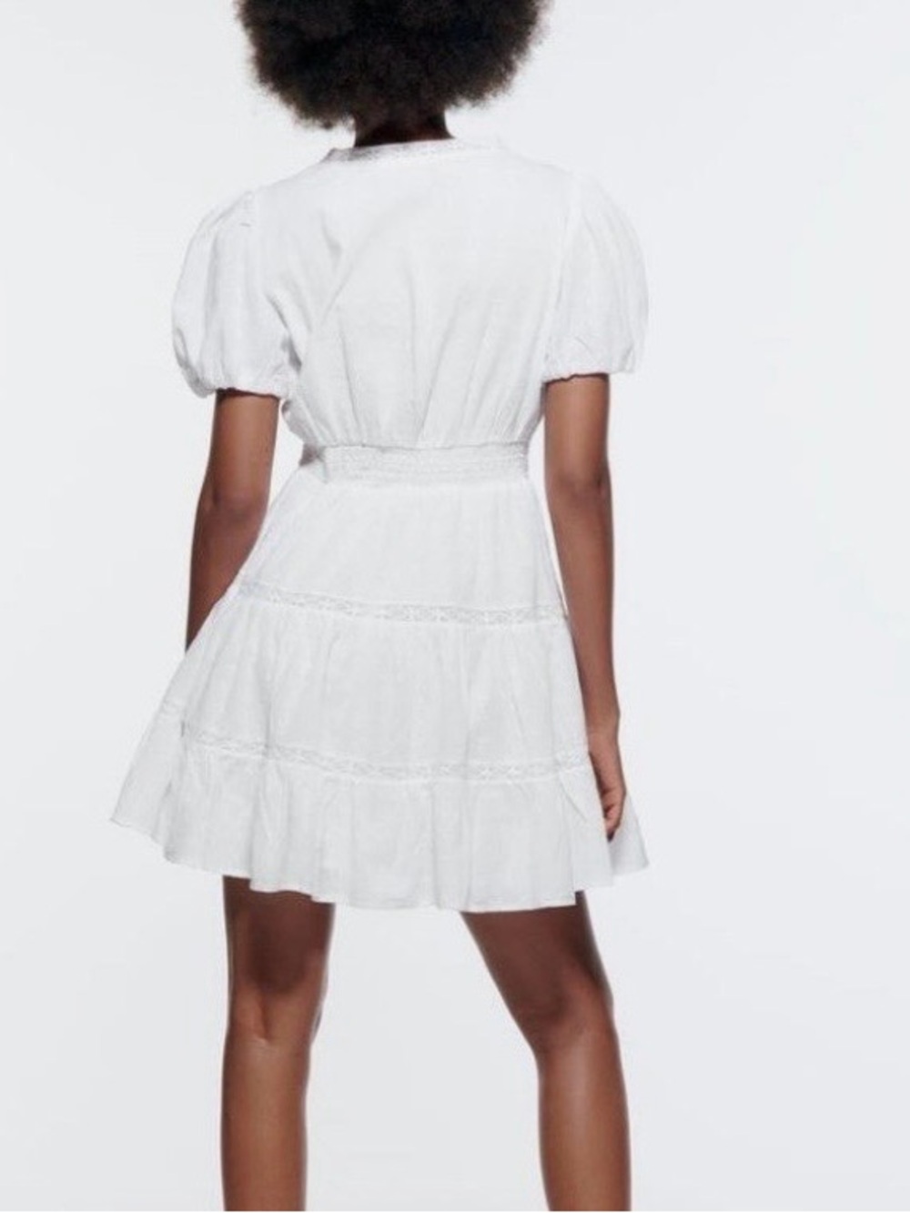 Zara White Cotton Short Sleeve Mini Dress Lace Trim - Picture 3 of 11